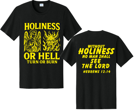 Holiness or Hell Christian T-Shirt | Turn or Burn | Hebrews 12:14 Faith-Based Apparel