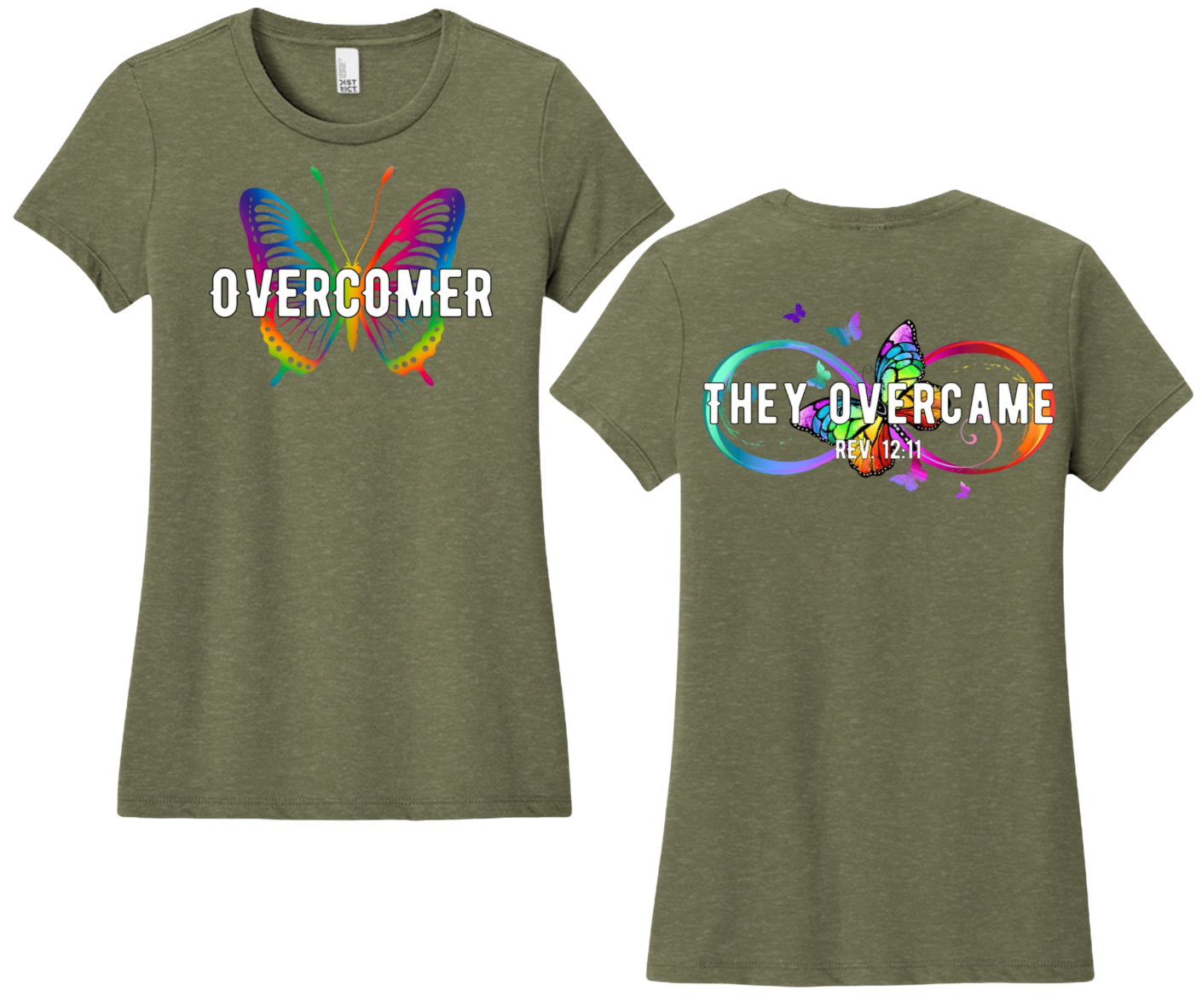 Overcomer Women’s Christian T-Shirt | Revelation 12:11 Faith-Based Butterfly Tee | Biblical Victory Apparel