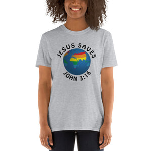 Jesus Saves Rainbow Globe grey & wht Short-Sleeve Unisex T-Shirt